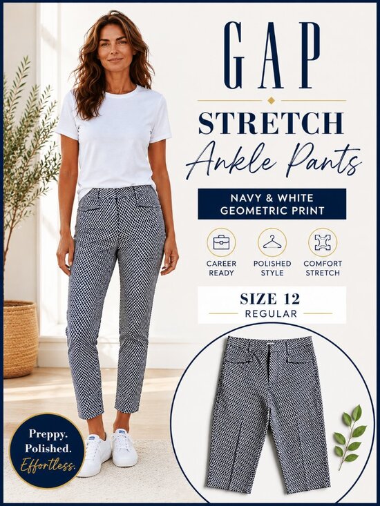 GAP Pants - GAP Navy White Geometric Print Ankle Pants Stretch Slim Career Size 12